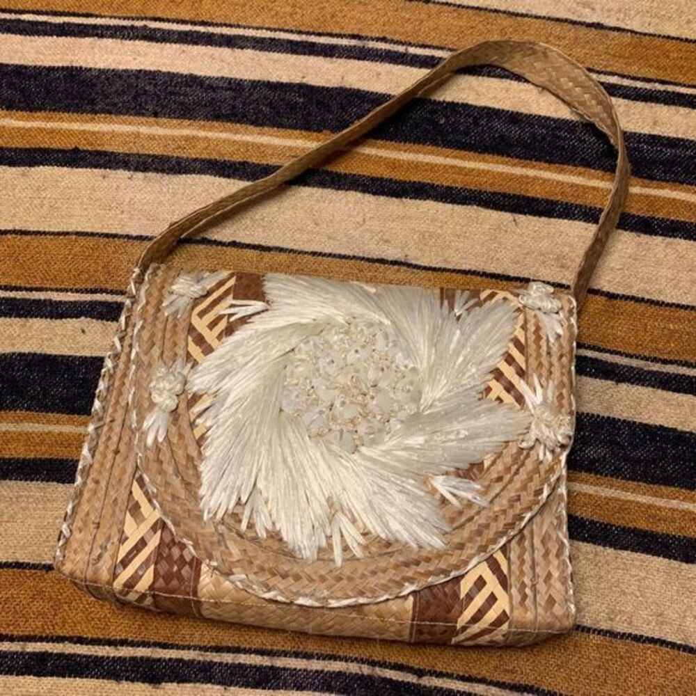 Vintage Woven Shoulder Bag Tropical Floral Raffia Beachy Boho Bohemian Brown